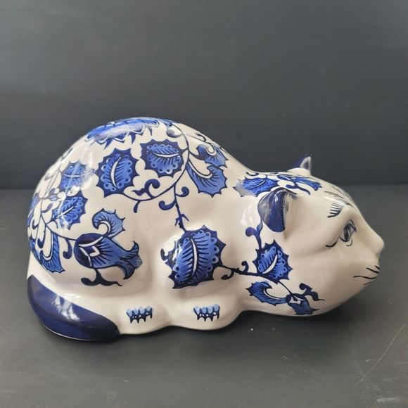 Cobalt Blue & White Chinoiserie Porcelain Cat Floral Chintz Design 10x5x5" Vtg - Picture 5 of 12